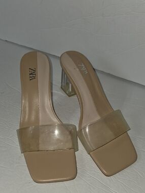 Zara Clear Strap Tan Square-Toe Block Heel Mules
